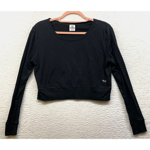 PINK Victoria's Secret Tops - Victorias Secret Pink Shirt Womens XS Black Crop Pullover Long Sleeve Tee Dog